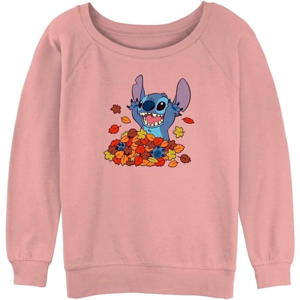 Disney Women's Lilo & Sthitc Leaf Pile Junior's Pullover with Coverstitch-Pink